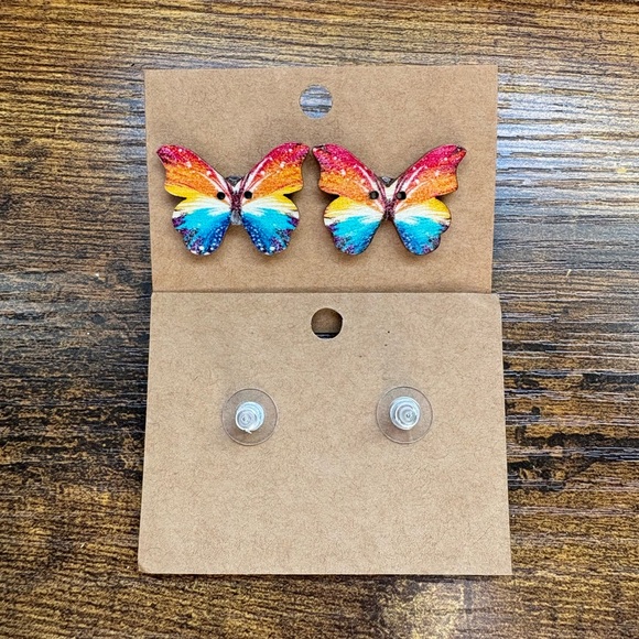 Butterfly Wooden Stud Earrings Bundle - Yellow & Multicolor - Picture 2 of 2